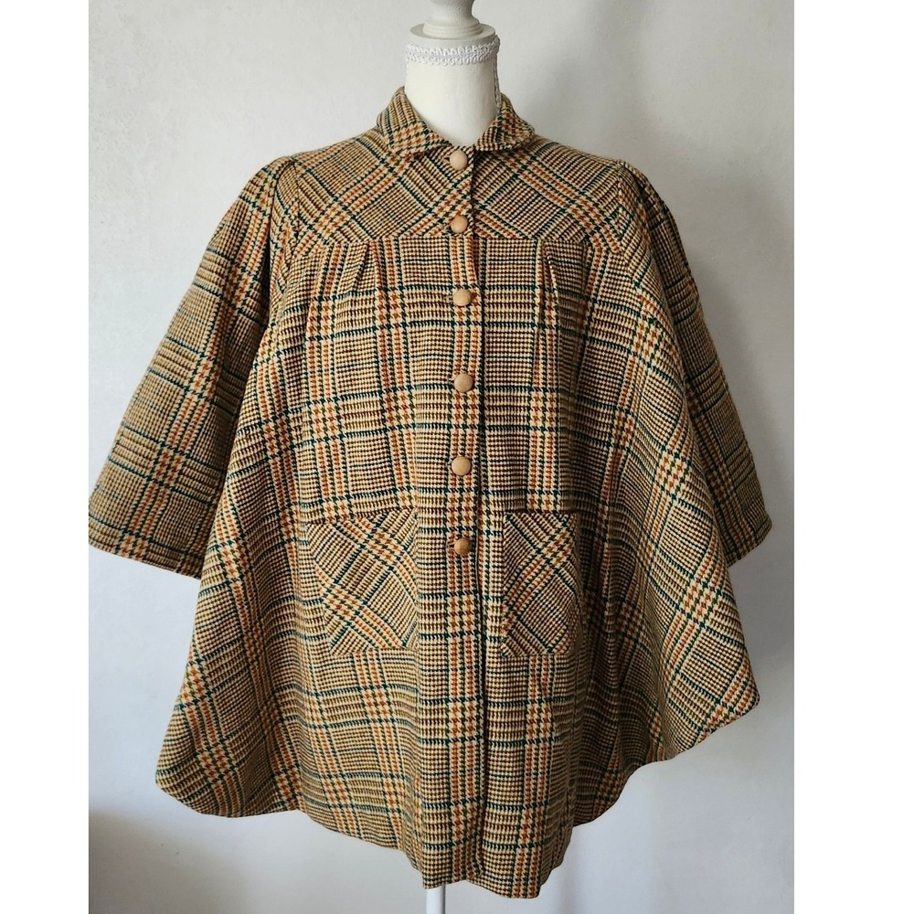 Vintage 60s 70s Plaid Cape Coat Tweed Poncho Swing Cloak Houndstooth One Size